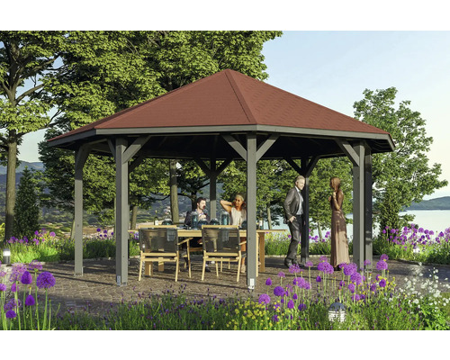 Pavillon SKAN HOLZ Nice Taille 3 ø 557 cm gris ardoise Pavillon autoportant avec table et mobilier de jardin dans un jardin fleuri