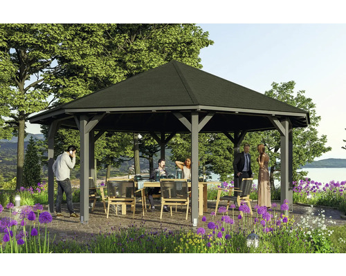 Pavillon SKAN HOLZ Nice Taille 4 ø 630 cm gris ardoise Pavillon avec table et chaises dans le jardin pour une fête