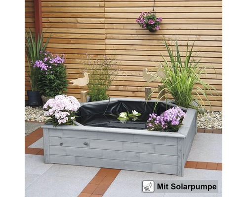 Bassin en bois avec pompe solaire et plantes