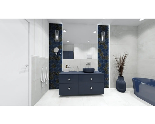 Modernes Badezimmer mit blauem Waschtischunterschrank, Aufsatzwaschbecken und Wandfliesen