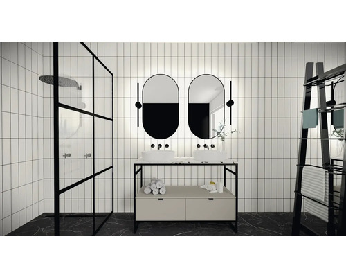 Modernes Badezimmer mit Dusche, Waschtisch mit zwei Waschbecken und Handtuchhalter