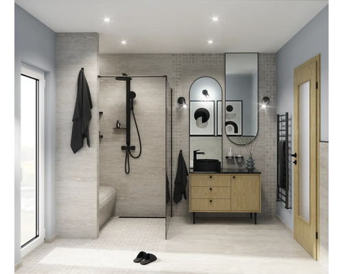 Modernes Badezimmer mit Dusche, Waschtisch und Spiegel