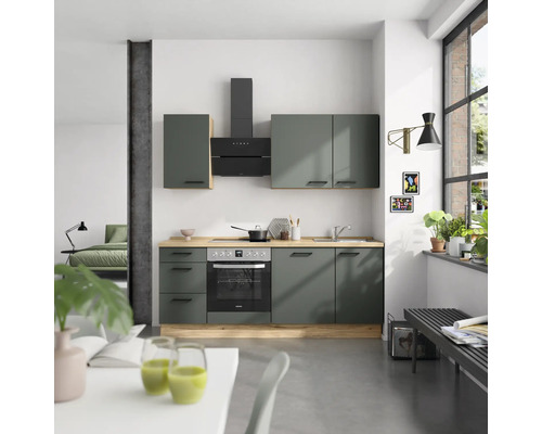 NOBILIA Küchenzeile mit Geräten Urban 210 cm mineralgrün matt montiert Variante links