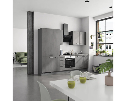 Cuisine complète avec armoires de cuisine, hotte aspirante et cuisinière au design moderne