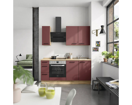 Moderne Küche mit Küchenschränken, Dunstabzugshaube und Elektroherd in einem hellen Raum.