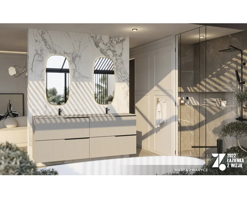 Modernes Badezimmer mit Doppelwaschtisch, Spiegeln und Dusche