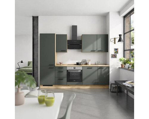 Bloc cuisine complète NOBILIA Urban 270 cm façade vert minérale mate, corps chêne sierra variante à gauche monté