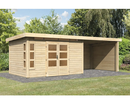 Abri de jardin Karibu Kastorfa 7 avec extension de toit 3,2 m, parois latérale et paroi arrière 655 x 240 cm naturel