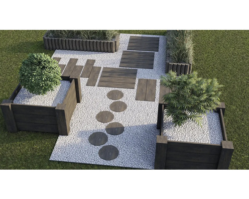 Gartengestaltung mit Hochbeeten, Kiesweg und Trittplatten