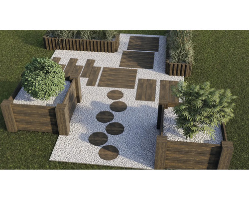 Gestalteter Garten mit Holzelementen, Kies und Pflanzen