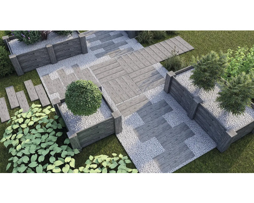 Vue de dessus d''un jardin paysager avec des parterres surélevés, du gravier et des dalles de trottoir