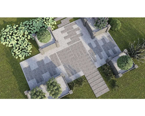 Vue de dessus d''un jardin avec des plantes, des pierres et un plancher en bois