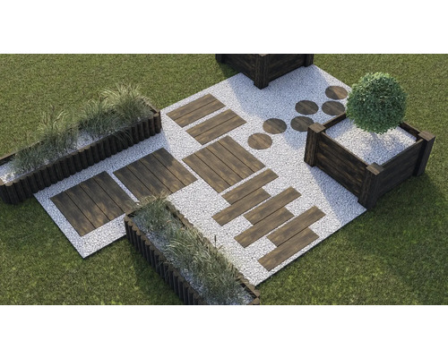 Gartengestaltung mit Holzweg, Pflanzkästen und Zierkies