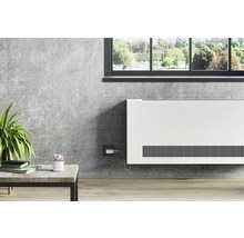 Elektrischer Heizkörper an einer Wand mit Fenster, Tisch und Pflanzen