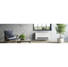 Wohnzimmer mit Heizkörper, Sessel, Tisch und Pflanzen für eine angenehme Atmosphäre