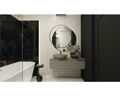 Salle de bain moderne avec baignoire îlot, meuble-lavabo et miroir