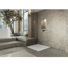 Salle de bain moderne avec douche, baignoire, coin salon et mur en pierre naturelle