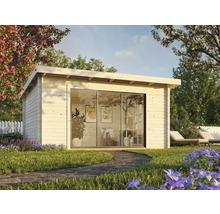 Holzgartenhaus mit Schiebetür in einem gepflegten Garten