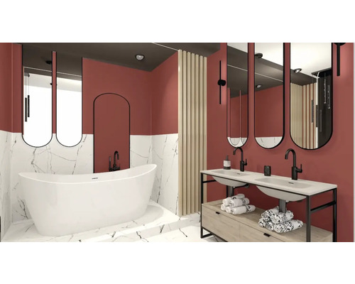 Modernes Badezimmer mit freistehender Badewanne, Doppelwaschtisch und Spiegeln