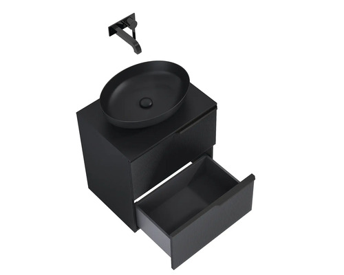 Waschtisch mit offenem Schubfach, Aufsatzwaschbecken und Armatur