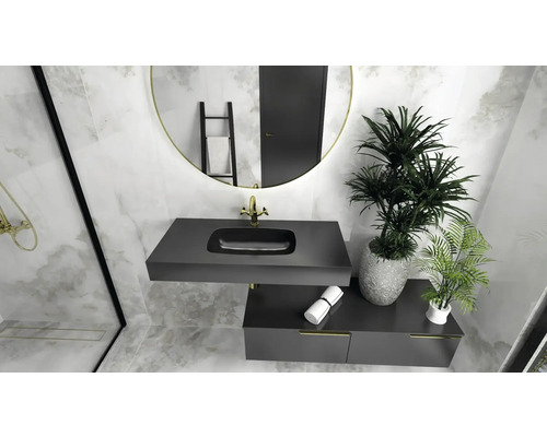 Modernes Badezimmer mit Waschtisch, Spiegel und Pflanzen