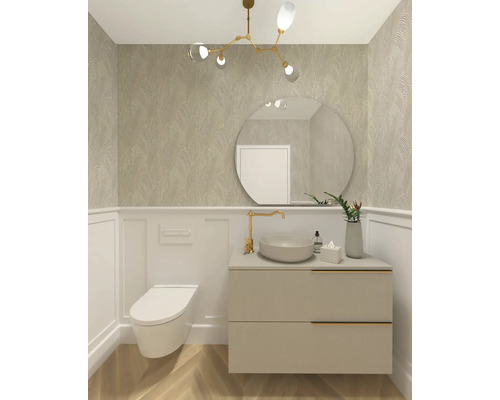 Modernes Badezimmer mit Wandtoilette, Waschtischunterschrank, rundem Spiegel und Deckenleuchte