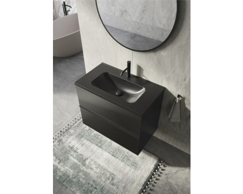 Modernes Badezimmer mit schwarzem Waschtischunterschrank, Aufsatzwaschbecken und Spiegel