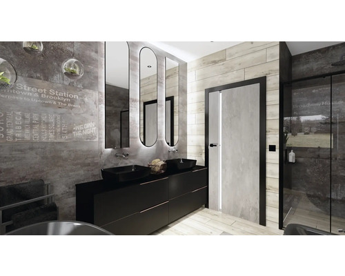 Modernes Badezimmer mit Waschtisch, Spiegeln, Dusche und grauen Fliesen