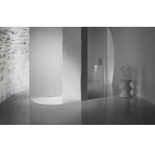 Helles Badezimmer mit Dusche und dekorativen Elementen.