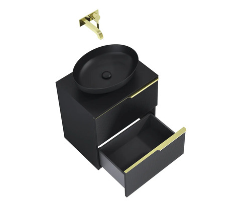 Waschtisch mit Unterschrank, schwarzem Aufsatzwaschbecken und goldfarbener Armatur