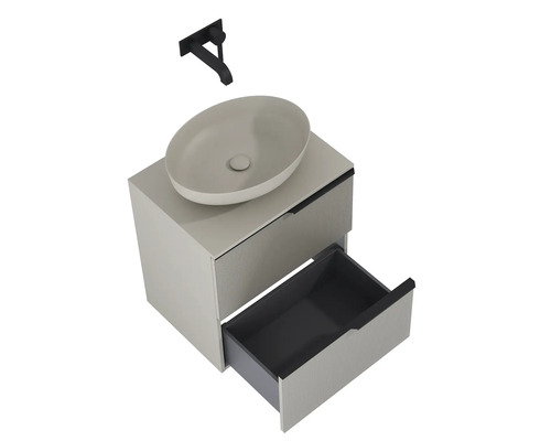 Waschtisch mit Unterschrank, offenem Schubfach und Armatur