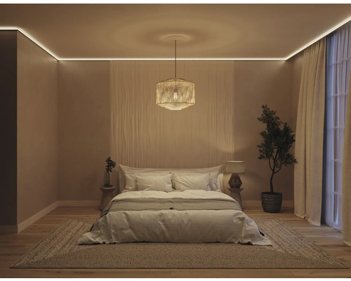 Helles Schlafzimmer mit Doppelbett, Teppich und Zimmerpflanze