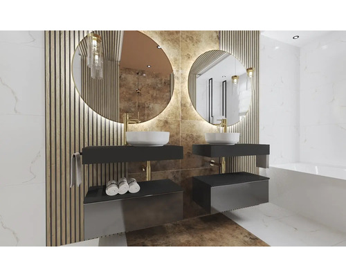 Badezimmer mit zwei Waschbecken, runden Spiegeln und Holzpaneelen