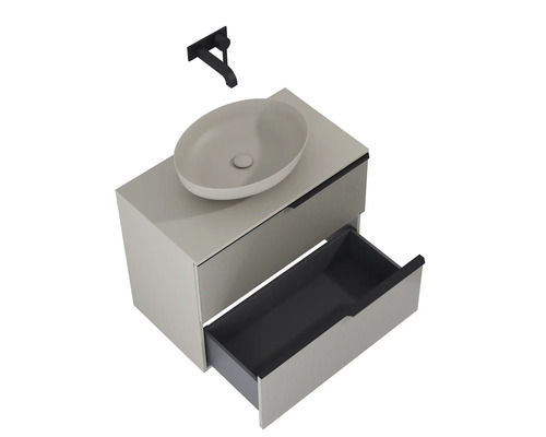 Waschtischkombination mit Aufsatzwaschbecken, Schublade offen, und Armatur