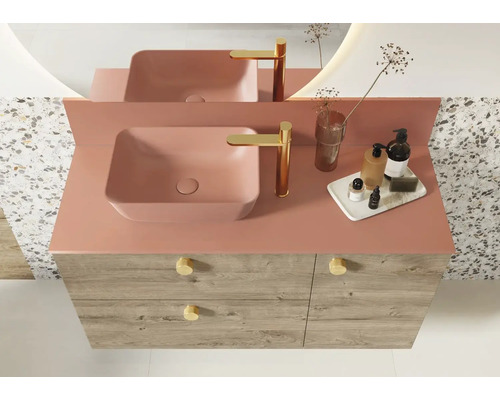 Badezimmer Waschtisch mit zwei Becken, Armaturen und Holzunterschrank