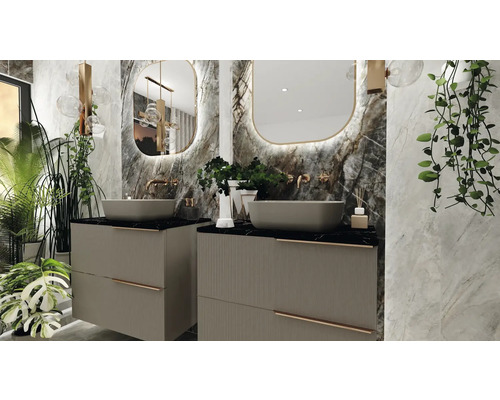 Salle de bains moderne avec deux lavabos, miroirs et plantes pour une ambiance lumineuse et organisée
