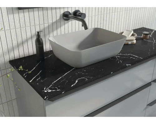 Meuble de salle de bain avec vasque à poser, robinet et plateau en marbre