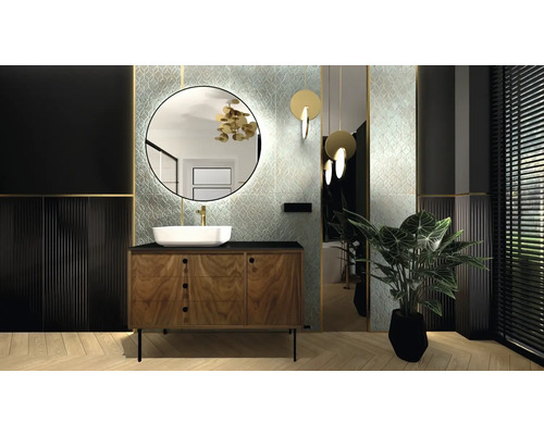 Modernes Badezimmer mit Waschtisch, Spiegel und Pflanzen