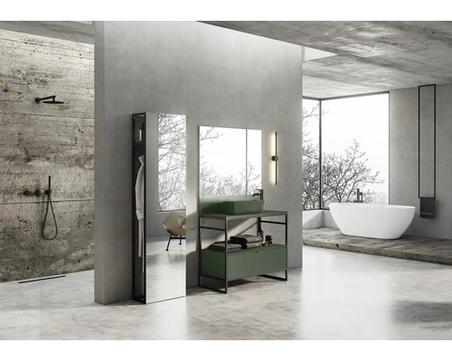 Modernes Badezimmer mit Waschtisch, Spiegel, Badewanne und Dusche in Betonoptik