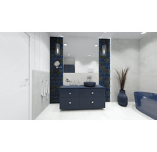 Salle de bain avec meuble sous-lavabo, miroir, baignoire et éléments décoratifs