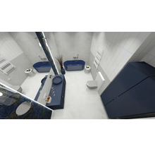 Salle de bain lumineuse avec baignoires, lavabos et meubles