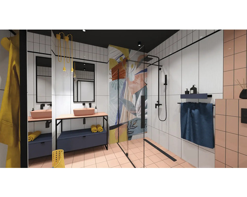 Modernes Badezimmer mit Dusche, Waschbecken und Fliesen