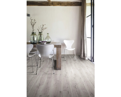 Heller Raum mit Esstisch, Stühlen und Holzfußboden.