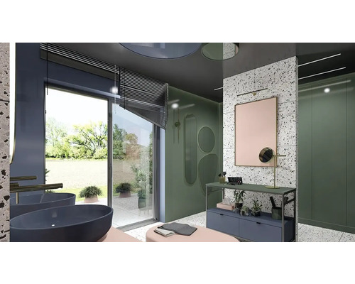 Modernes Badezimmer mit Doppelwaschtisch, Spiegel und Fenster