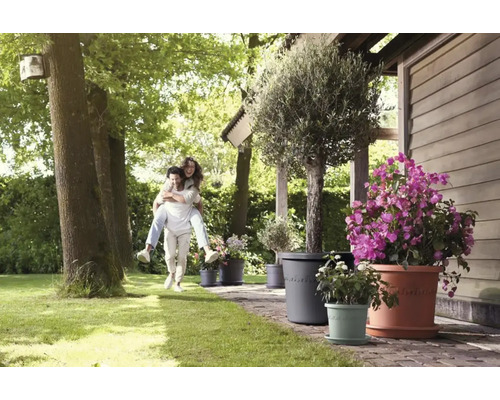 Garten mit verschiedenen Blumentöpfen und einem Paar, das sich gegenseitig auf dem Rücken trägt