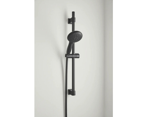 Ensemble de douche noir avec douchette à main et barre de douche pour montage mural.