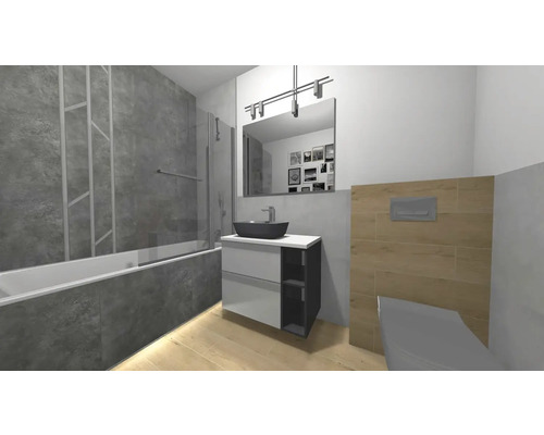 Modernes Badezimmer mit Badewanne, Waschtisch und Toilette.