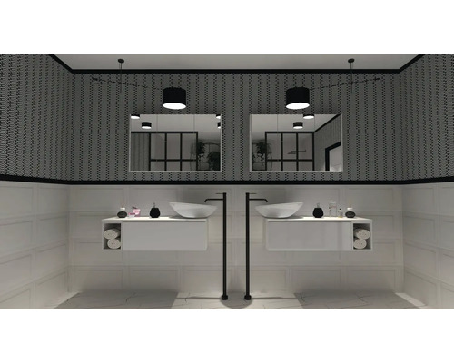 Helles Badezimmer mit zwei Waschbecken und Spiegeln