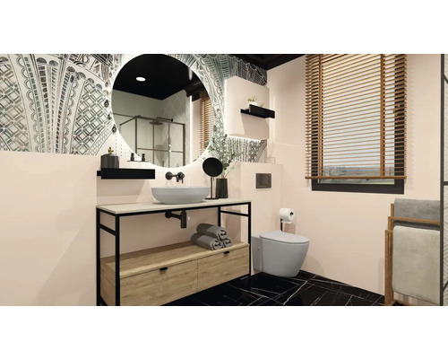 Badezimmer mit Waschtisch, Spiegel, Toilette und Fensterjalousien