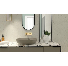 Design de salle de bain moderne avec vasque à poser, miroir et éléments décoratifs.